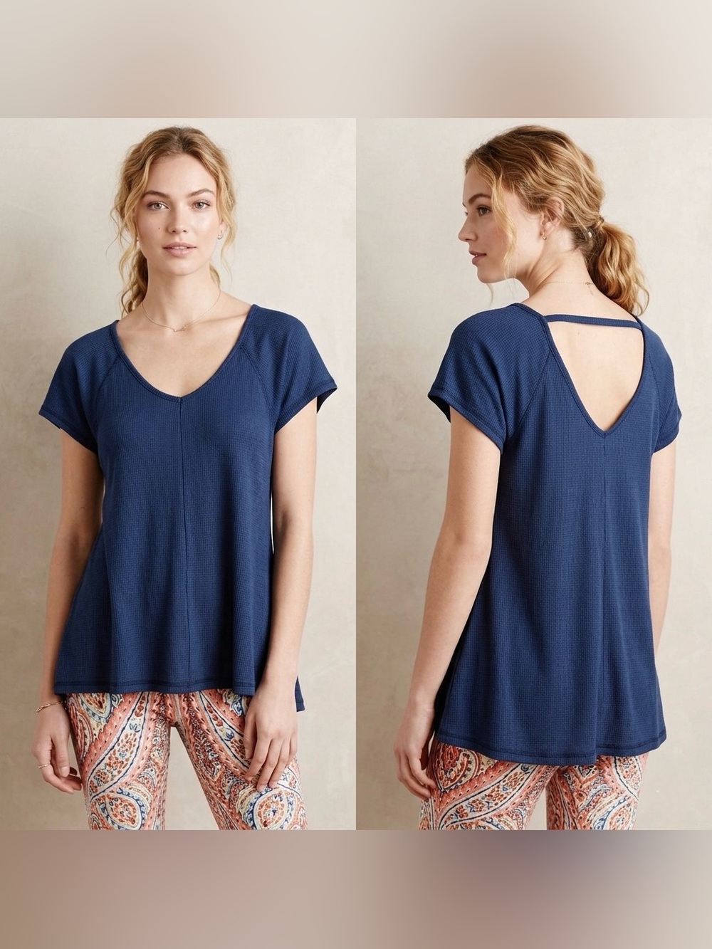 Anthropologie Saturday Sunday Waffle Thermal Tunic Tee Top Shirt Size XS Blue